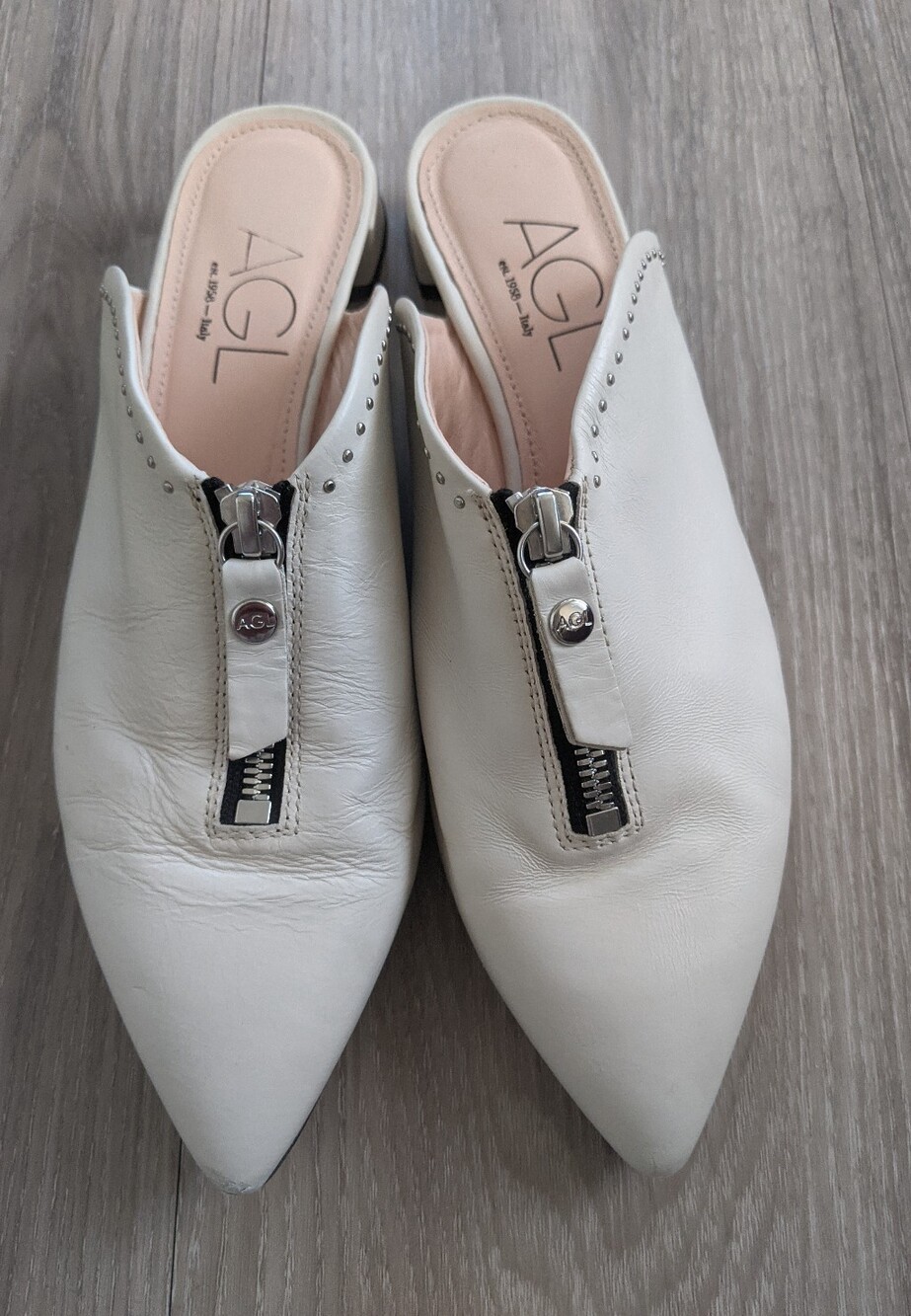 AGL White Leather Pointed Mule with Decorative Zipper MADE In ITALY